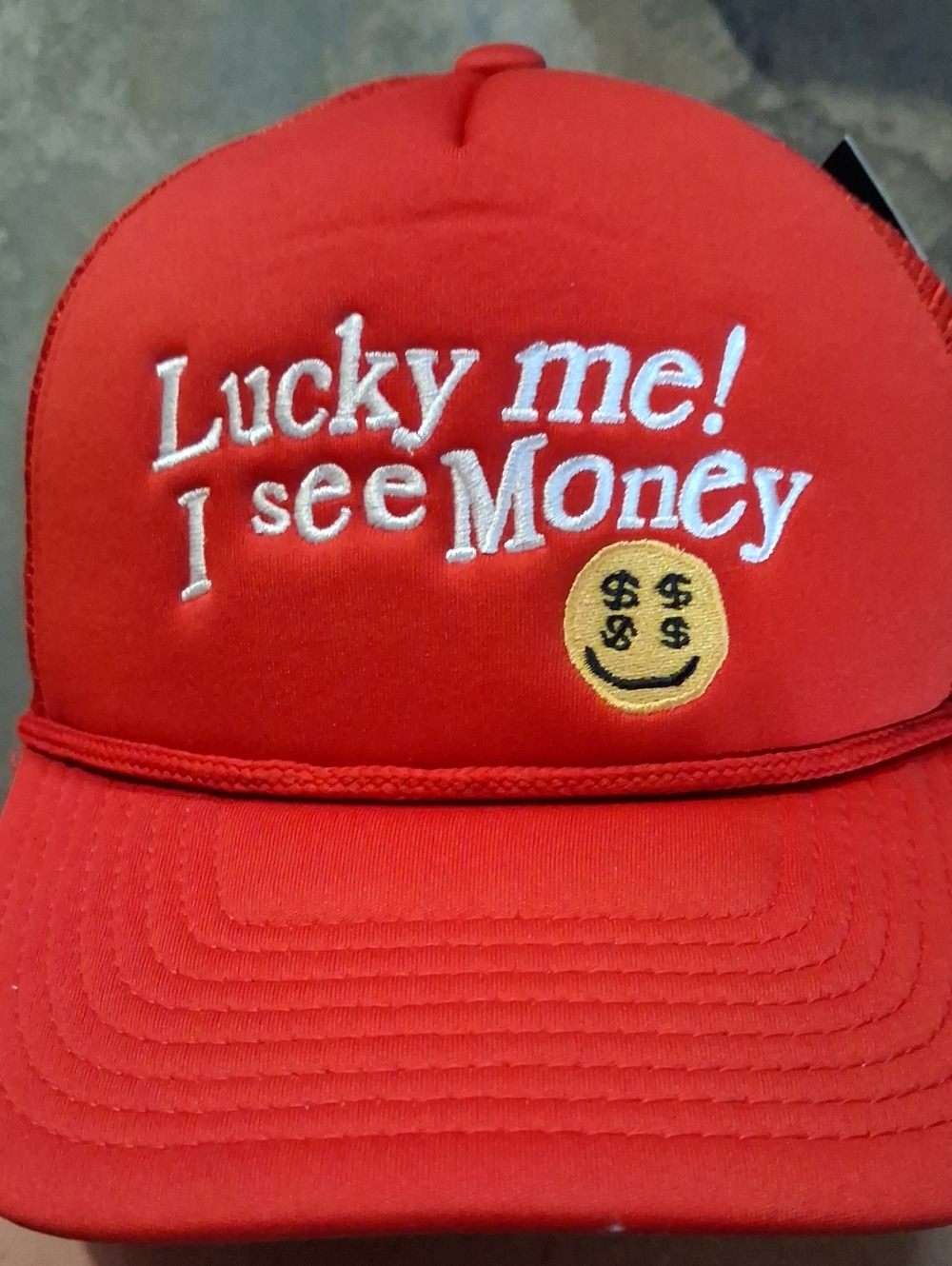NWT Field Grade Red 'Lucky Me! I See Money' Embroidered Trucker Cap